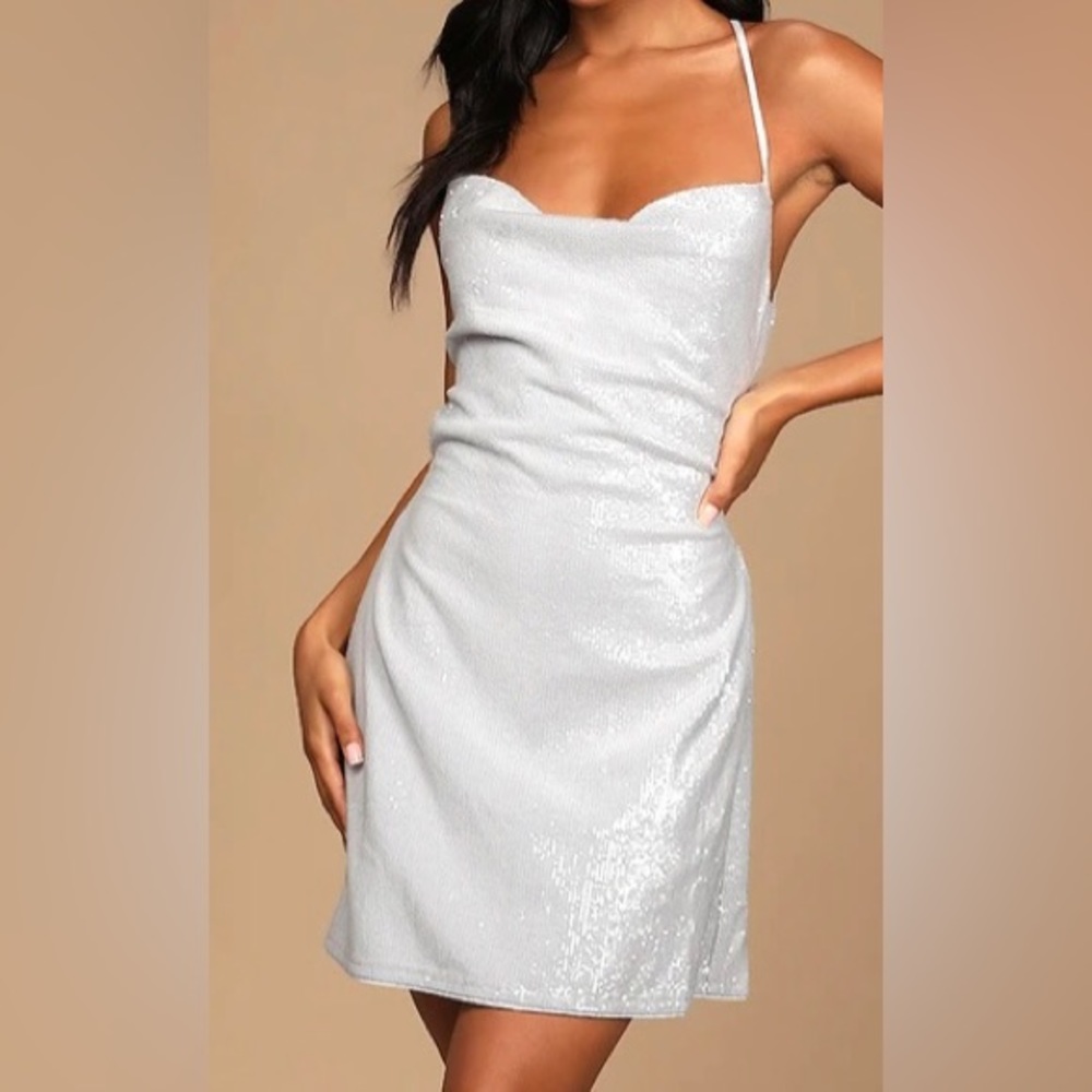 NWOT Lulu’s Moonlit Mood Light Blue Sequin Cowl Neck Lace-Up Mini Dress Size L